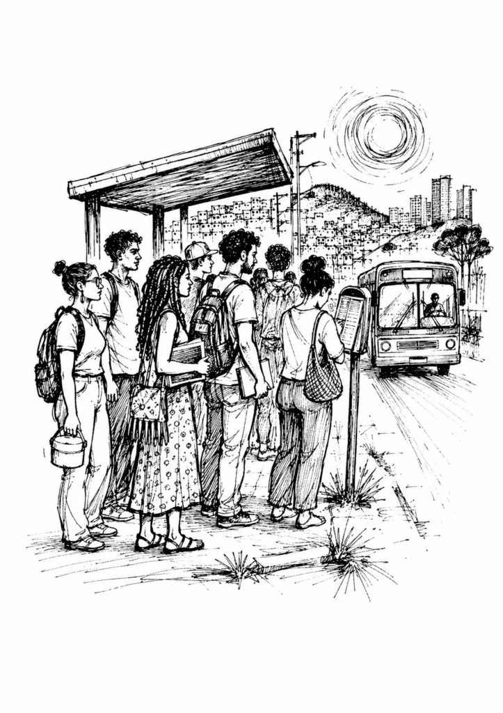 Estudantes com mochilas esperam o ônibus num ponto de parada, com a cidade e um morro ocupado ao fundo.
