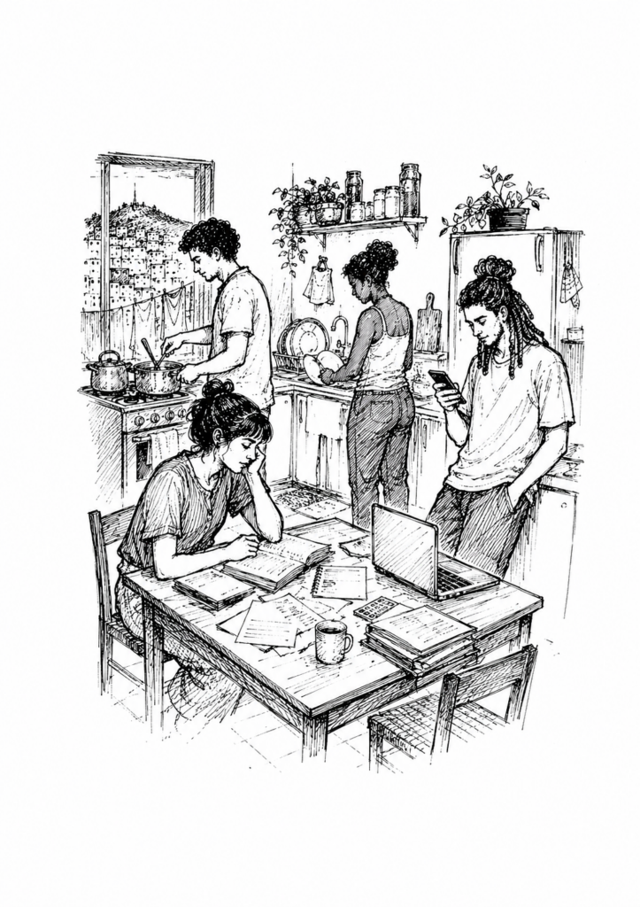 Quatro jovens dividem a cozinha de uma república: um cozinha, outra lava a louça, um mexe no celular e uma estuda na mesa cheia de livros.