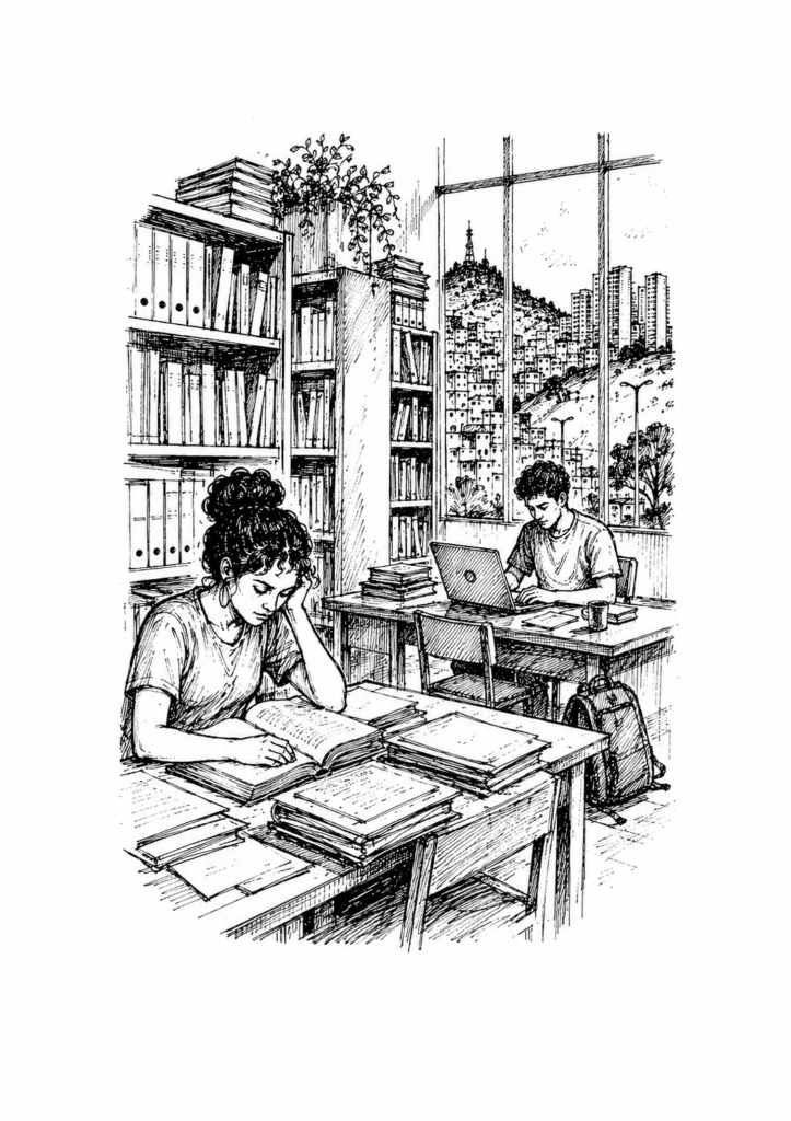 Dois estudantes leem e trabalham numa biblioteca; pela janela se vê a cidade e uma encosta ocupada por casas.