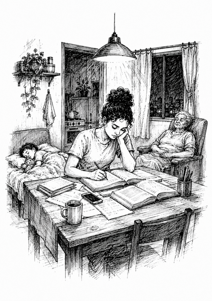 Mulher estuda de madrugada na mesa da sala, sob a luz do lustre, enquanto uma criança dorme na cama ao lado e uma senhora idosa cochila na poltrona.