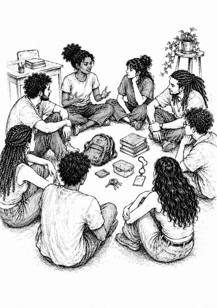 Dez jovens sentados no chão em roda conversam; ao centro do círculo estão mochila, livros, marmita, chaves e um crachá.
